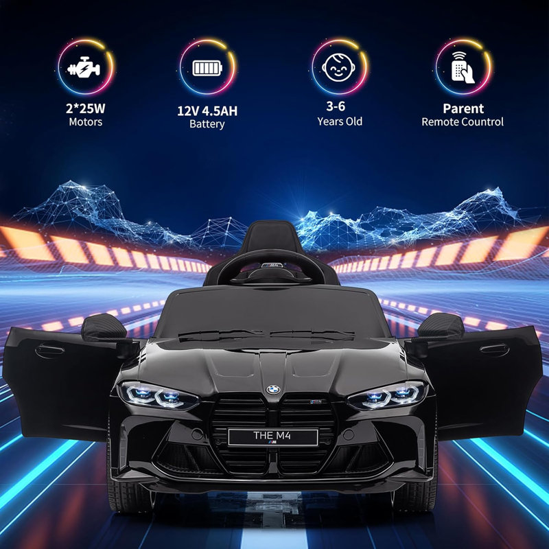 Voiture sous licence 12 V pour enfants, voiture électrique avec télécommande, 3 vitesses, Bluetooth, MP3, lumières DEL, Noir