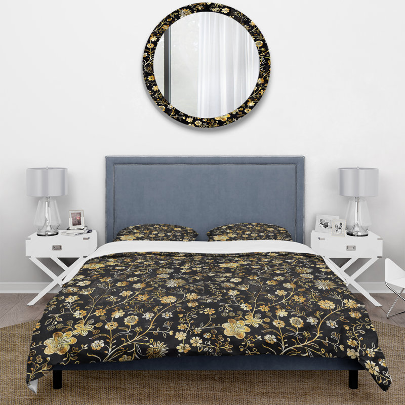 Ensemble de housse de couette damassé dorée délicate II, Housse de couette simple + 2 taies décoratives st