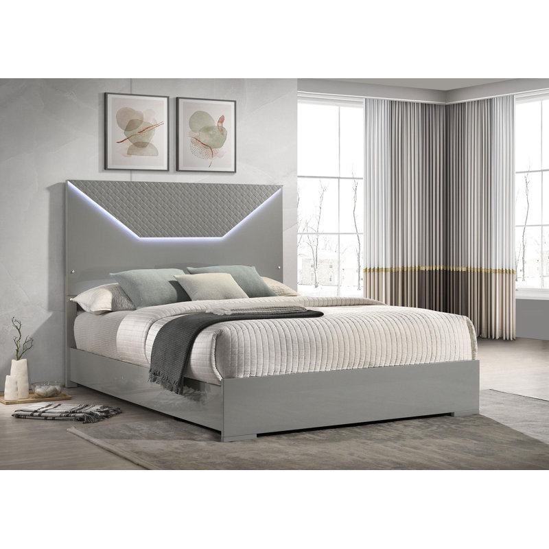 Panel Bed LED Headboard Grey High Gloss, Queen