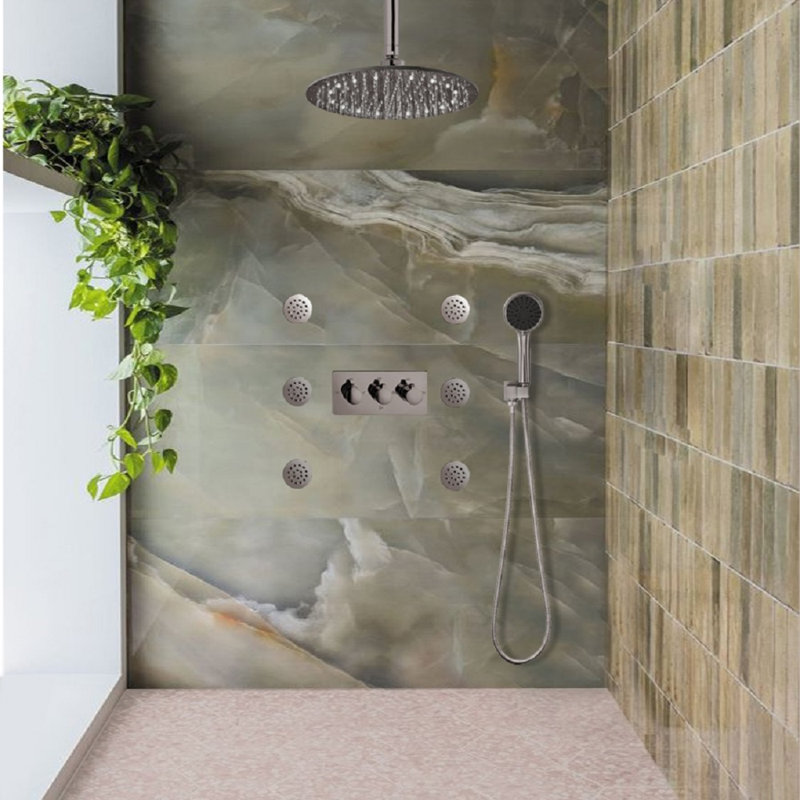 Pomme de douche à changement de couleur à DEL avec jets de corps et mélangeur FontanaShowers Versilia, Nickel brossé