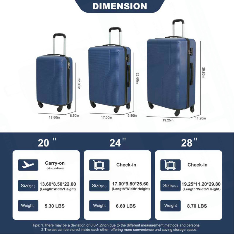 Ensemble de bagage 3 pièces Valise légère et durable en ABS avec roulettes pivotantes, verrou TSA, (20/24/28)
