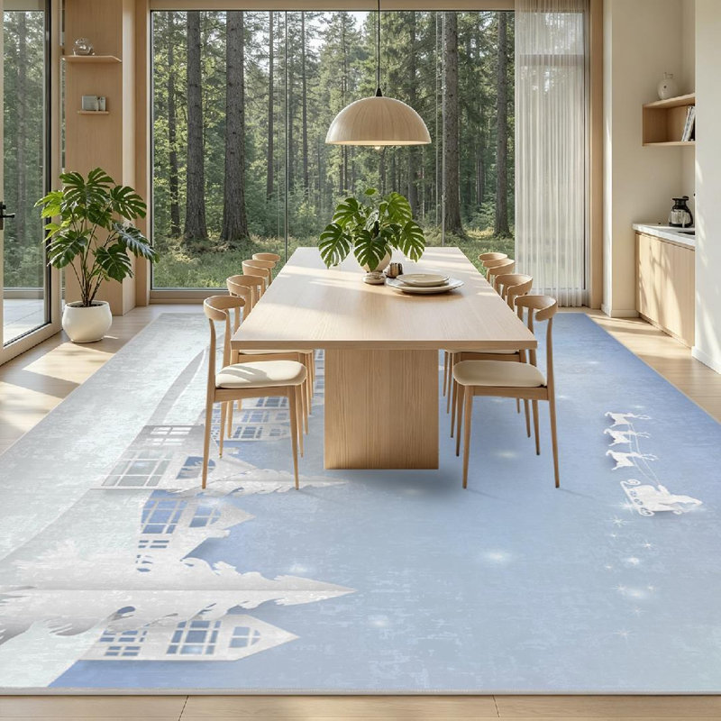 Tapis d'intérieur blanc lavable à la machine, motif Père Noël et neige pour les fêtes d'hiver, Rectangle 79 po x 118 po