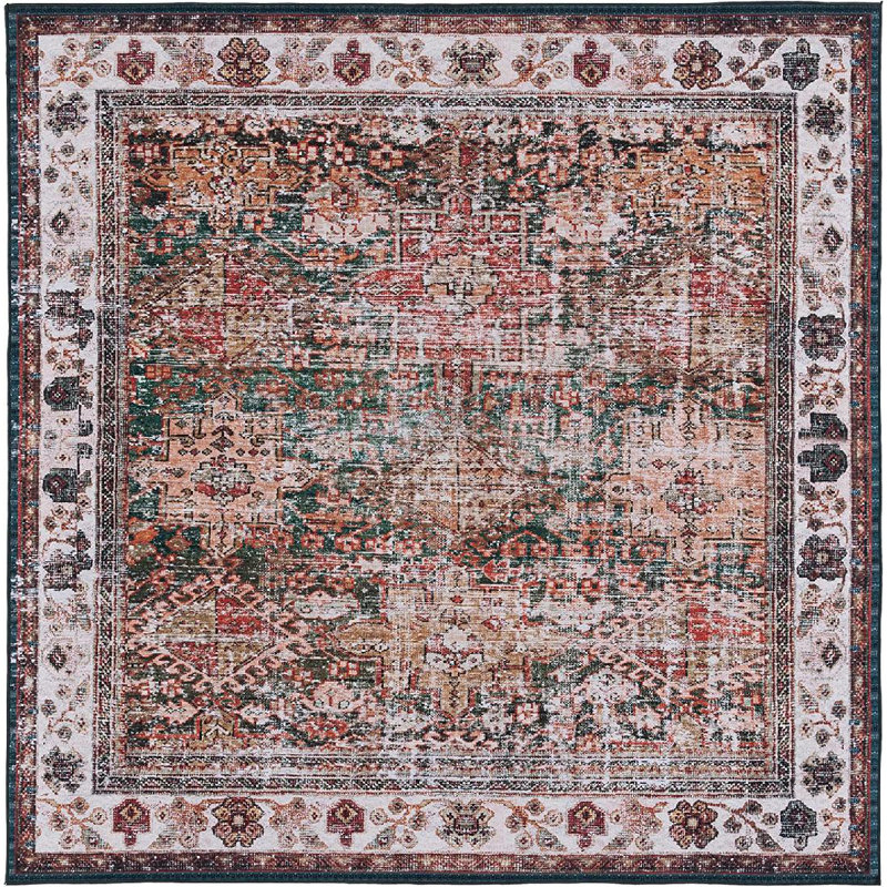 Tapis oriental rouge / vert / jaune / ivoire Pashen, Carré 6 pi