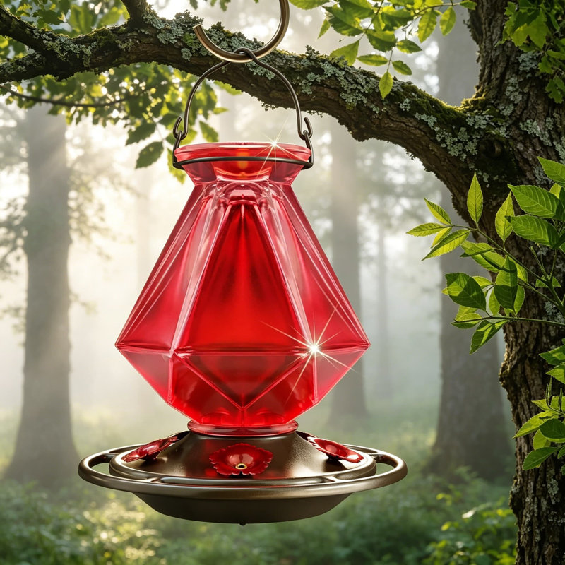 Mangeoire pour colibris à suspendre à l'extérieur, mangeoire en verre rouge 23 oz avec 5 ports d'alimentation et 5 perchoirs, base antirouille et étanche, forme de ligne géométrique