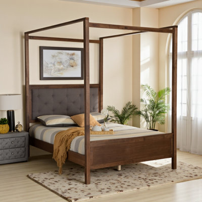 Natasha Upholstered Canopy, Queen Bed, Gray/Walnut 87.09'' H X 63.95'' W X 85.21'' L
