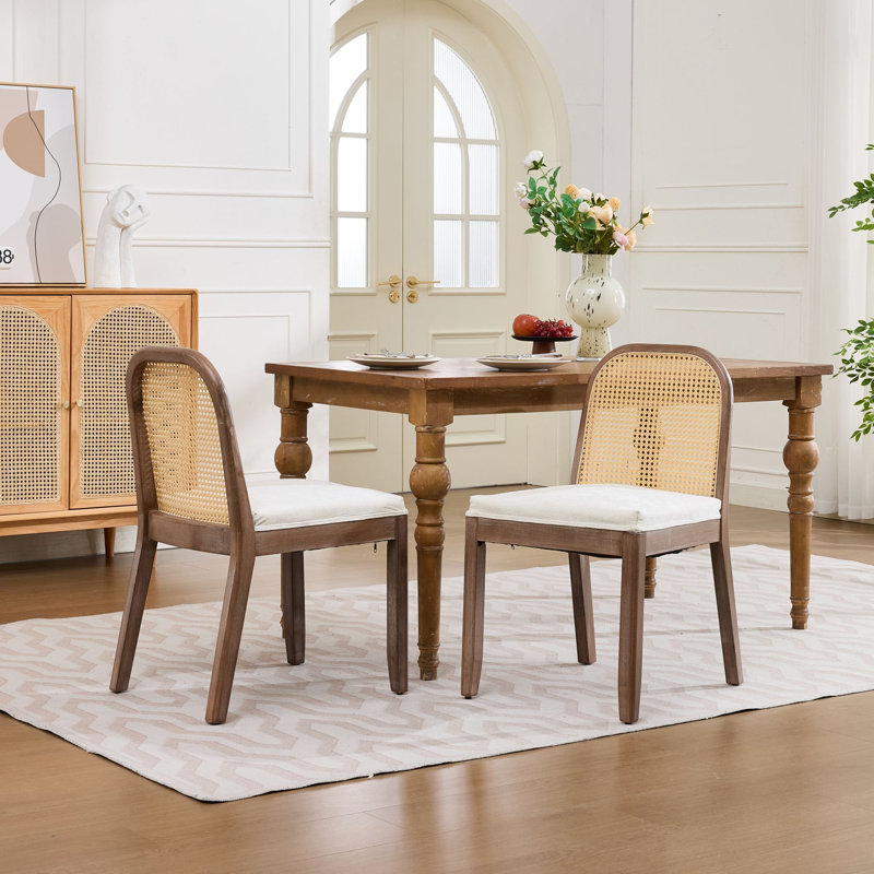  Ensemble de 2 chaises de salle à manger, dossier en rotin et chaises de cuisine rembourrées avec cadre en bois, beige, Beige