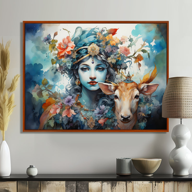«Hinduisim Art Vrindavans Playful II» - Art mural de l'hindouisme, 24" H x 32" W, Cadre flottant brun