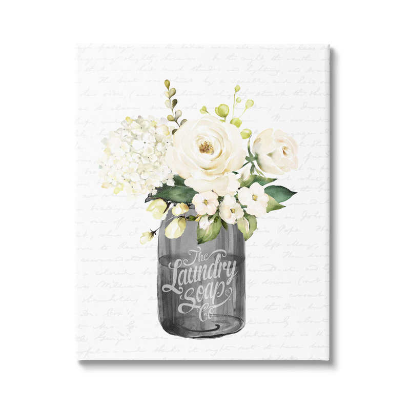 «White Flower Blossoms Laundry Pot Fancy Script» par Lettrage et doublure - reproduction sur toile