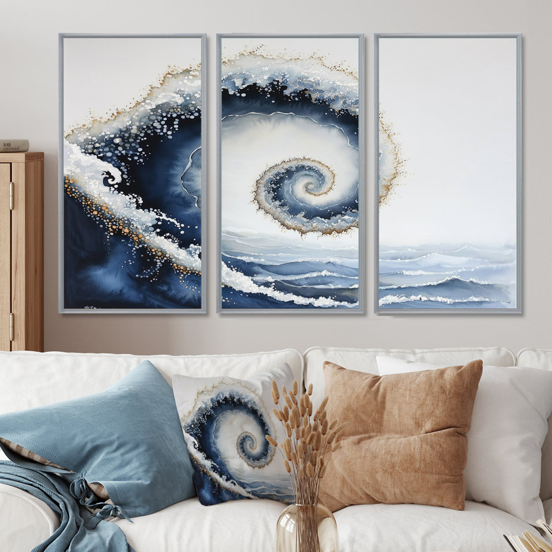 «Abstract Oceanic Spiral Profondeur I», ensemble d'art mural à spirales abstraites, H 32 po x l 48 po, Argent argent