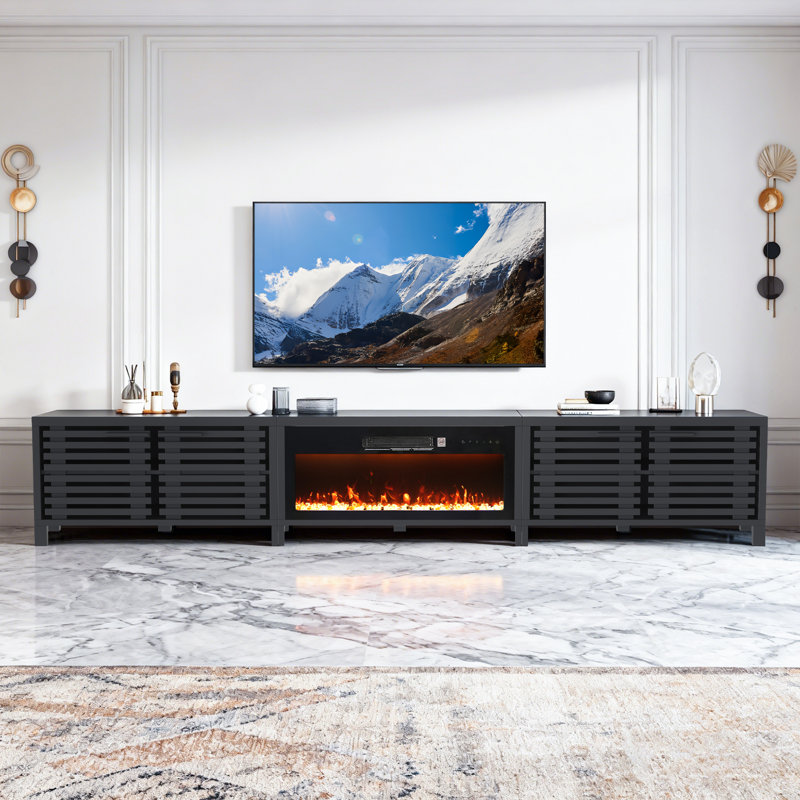Modern 115"W Fireplace TV Stand For TVs Up To 120 Inches, Black Media Console with Storage Cabinets, Entertainment Center for Living Room or Bedroom