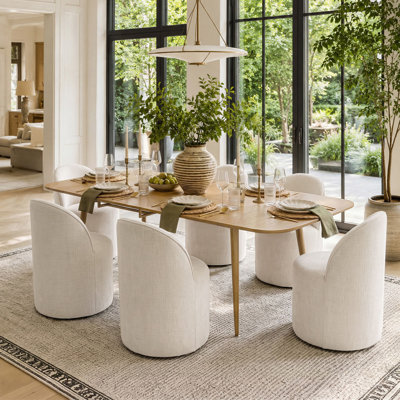 Ensemble de table de salle à manger pour 6 personnes avec table extensible et 6 chaises roulantes revêtues de chenille