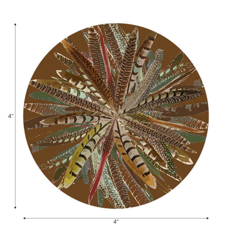 Pheasant Feathers Yellow Vegan Leather Round Coasters, Brown