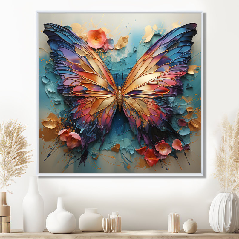 Orange et bleu, papillon métallique - art mural papillon, H 16 po x l 16 po, Reproduction avec cadre flottant, Blanc
