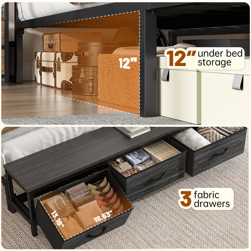 Farmhouse Bed Frame With 3 Storage Drawers Bench, Led Lights And Charging Station, Full / Double, Gray
