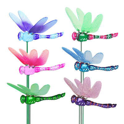Exhart Six Piece 4" WindyWings Dragonfly Plant Stake Assortment, 6 x 4 x 15.5 Inches