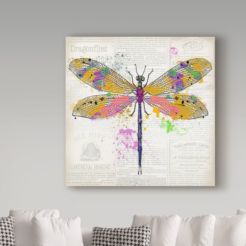 Deagen «Dragonfly on Newsprint 3», toile tendue texturée Arton, H 24 po x l 24 po x P 2 po