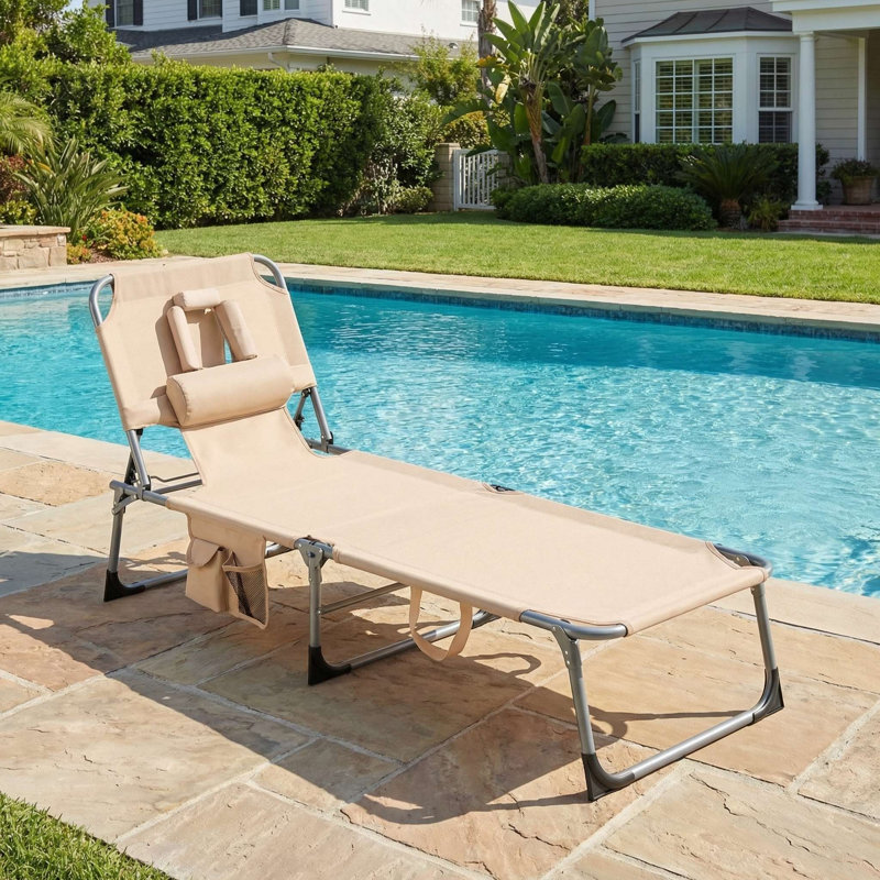Fauteuil de bronzage pliable avec trous pour le visage et les accoudoirs pour la plage, Beige