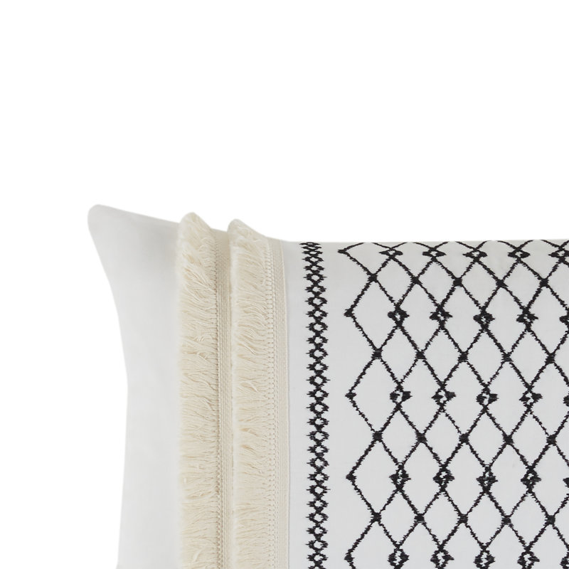 Bea Embroidered Cotton Oblong Pillow with Tassels, Ivory/Black