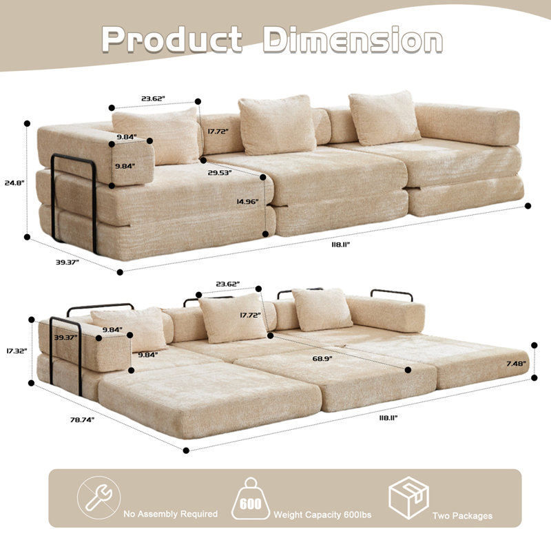 Canapé à compression, canapé-lit convertible au sol avec structure de forme fixe, canapé modulaire désossé, aucun assemblage requis, tissu chenille, pour la chambre du salon