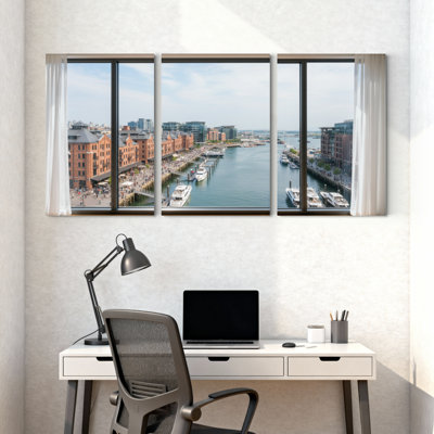 Ensemble de 3 impressions sur toile, paysages urbains et paysages urbains avec bateaux et bâtiments