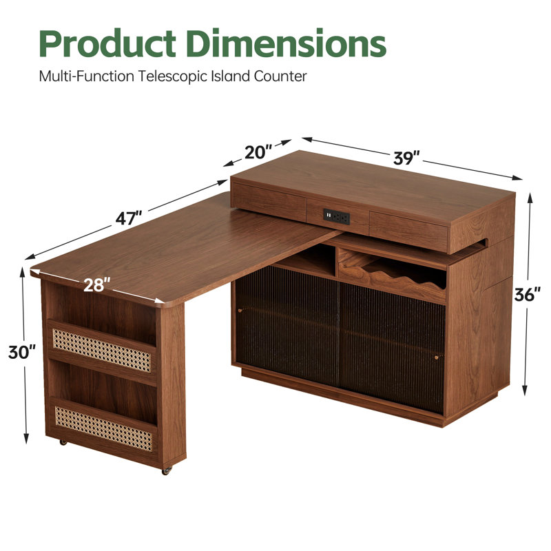 39'' Kitchen Island With Extendable 47'' Dining Table For 2-4 People, With Storage And Seating Space