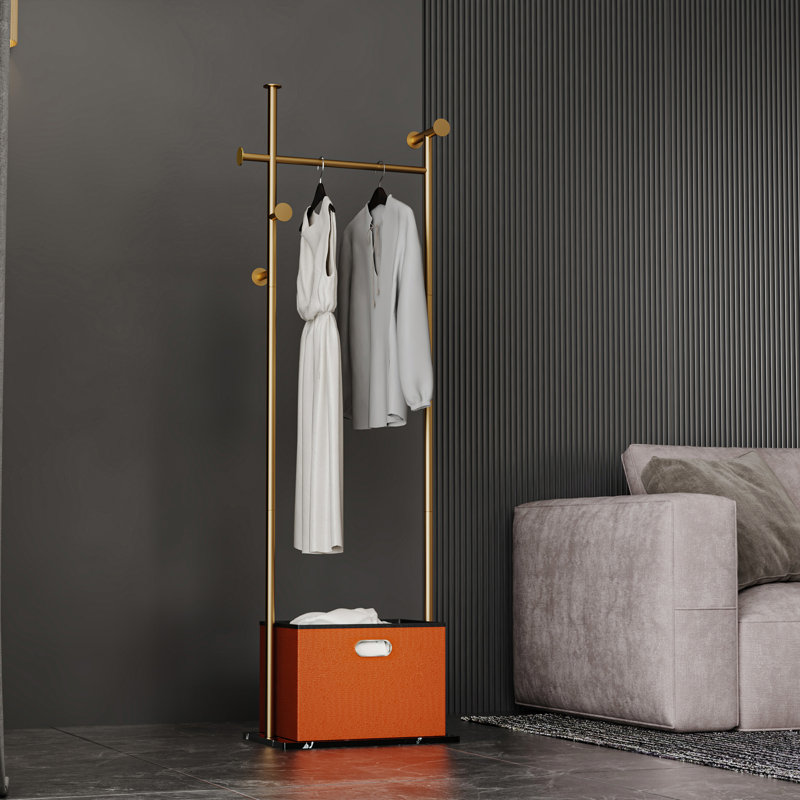 Ekhum Steel 5 - Hook Freestanding Coat Rack with Elegant Marble Base and Storage Box, Gold/Orange