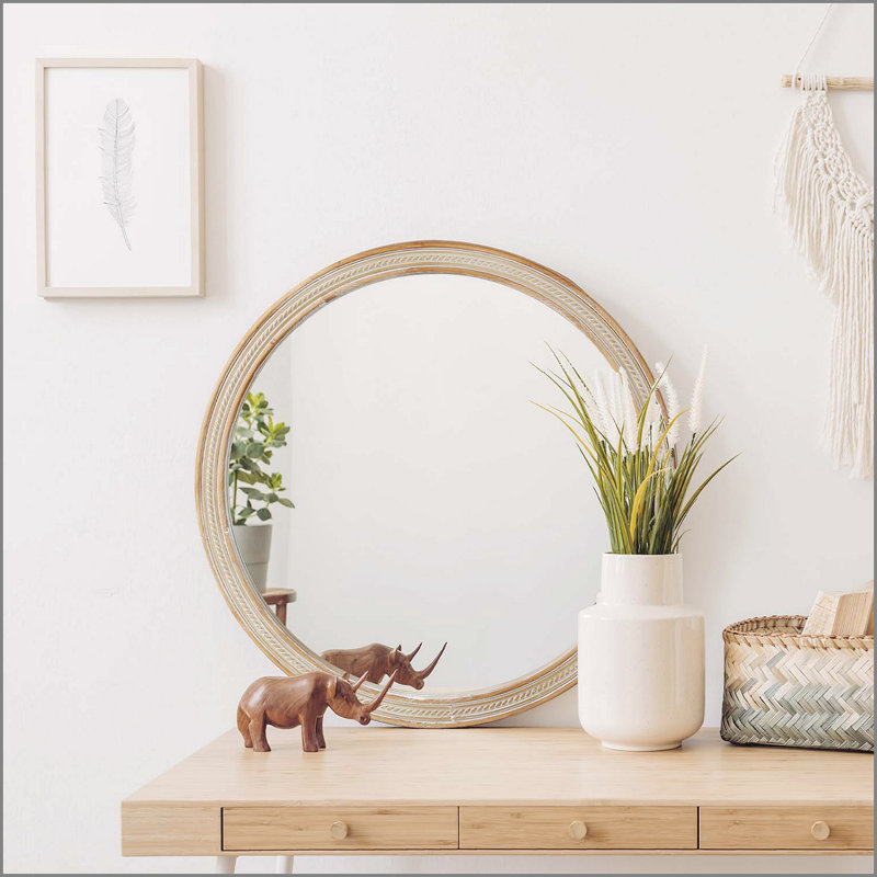 Miroir mural rond rond avec cadre en rotin tissé (23,62 po), miroir décoratif rustique moderne pour salle de bain / meuble-lavabo / salon (conception murale facile)