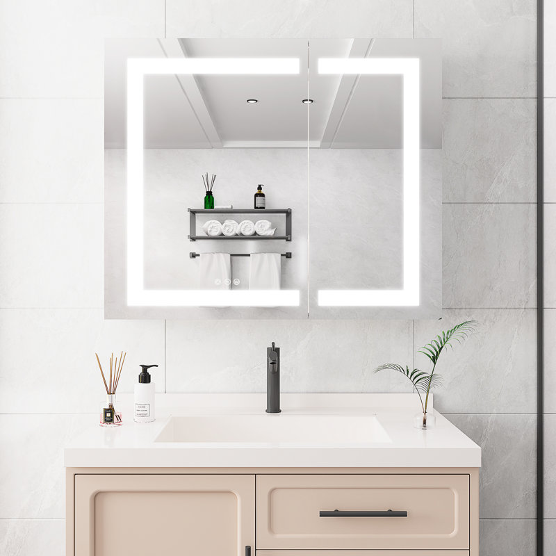 Armoire de salle de bain 36 po x 30 po avec miroir de brouillard - meuble-lavabo à DEL, portes doubles, contrôle de luminosité 3000k 6000k, porte de pharmacie avec rangement et zone de couleur réglable