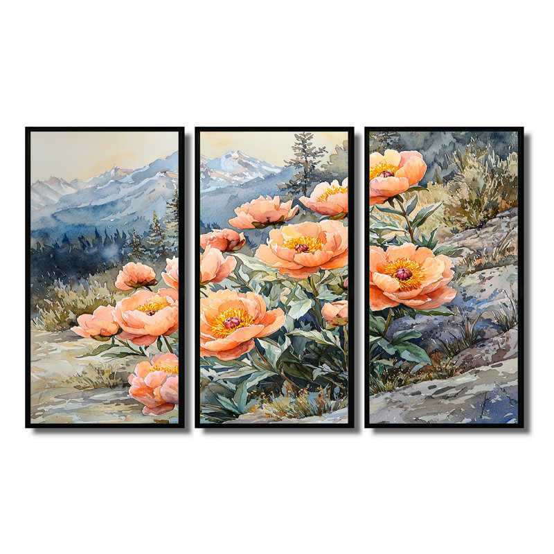 Pivoines dans le col de montagne - Art mural grand pivoines - 3 panneaux, H 28 po x l 36 po, Noir