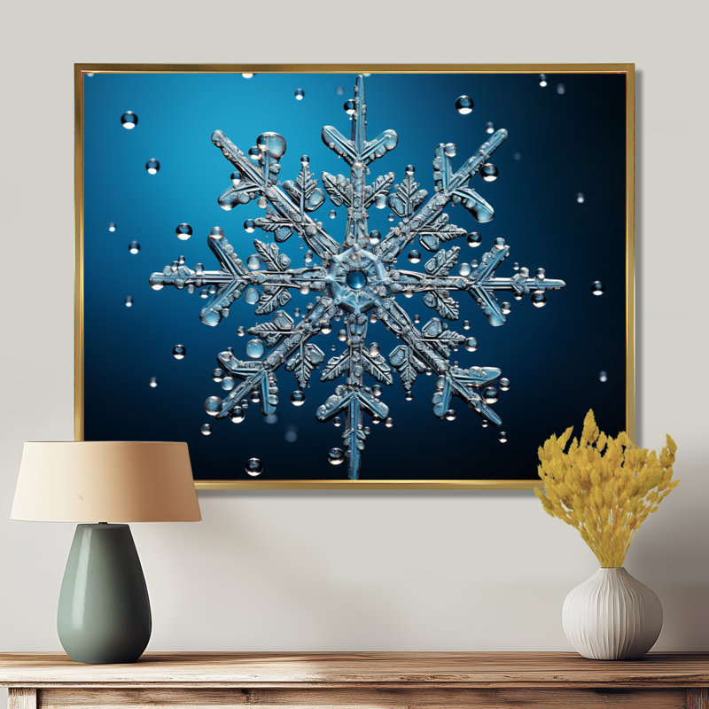 Décoration de flocon de neige bleu II - paysage d'hiver, Cadre flottant doré, H 24 po x l 32 po x P 1 po