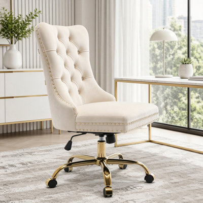 Chaise de bureau pivotante en velours touffetée avec base dorée
