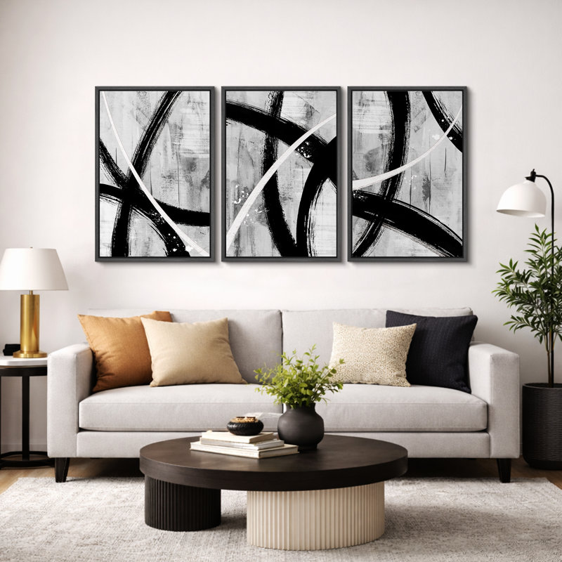 BAW "Black Grey White Geometric Paint Stroke, H 36 po x l 72 po x P 1,5 po, Noir