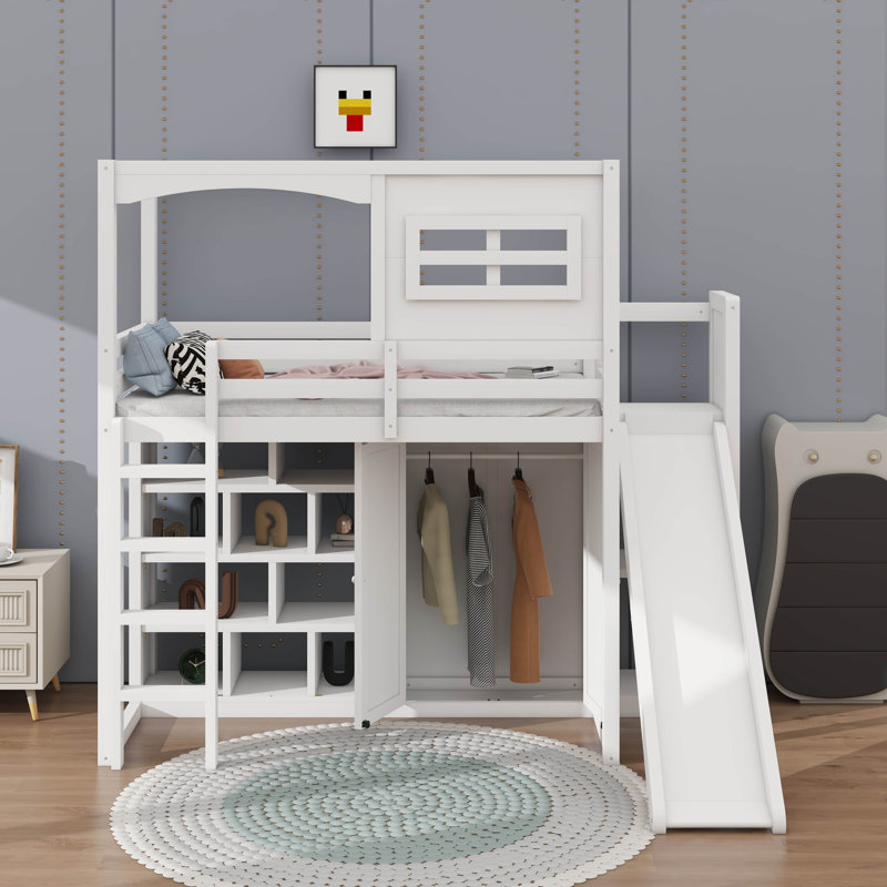 Lit mezzanine simple avec garde-robe, tablettes de rangement, glissoire et DEL