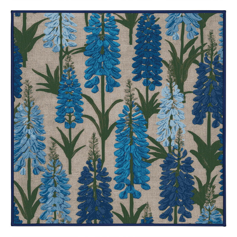 Tapis bleu botanique lavable à la machine, Carré 3 pi