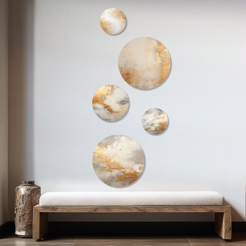 Minimalisme beige et or, tempêtes tempêtes, ensemble d'art mural rond de 5