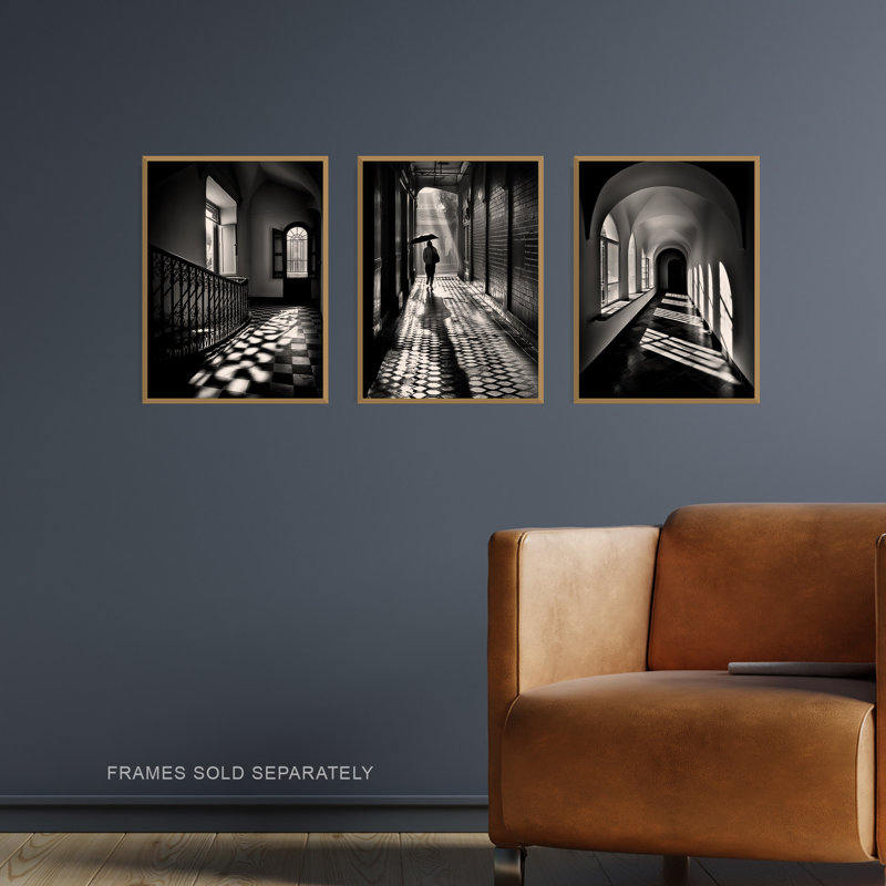 Shadows And Light Black White Geometric Patterns Atmospheric - 3 Piece No Frame Print, 29.7cm H x 21cm W x 0.4cm D