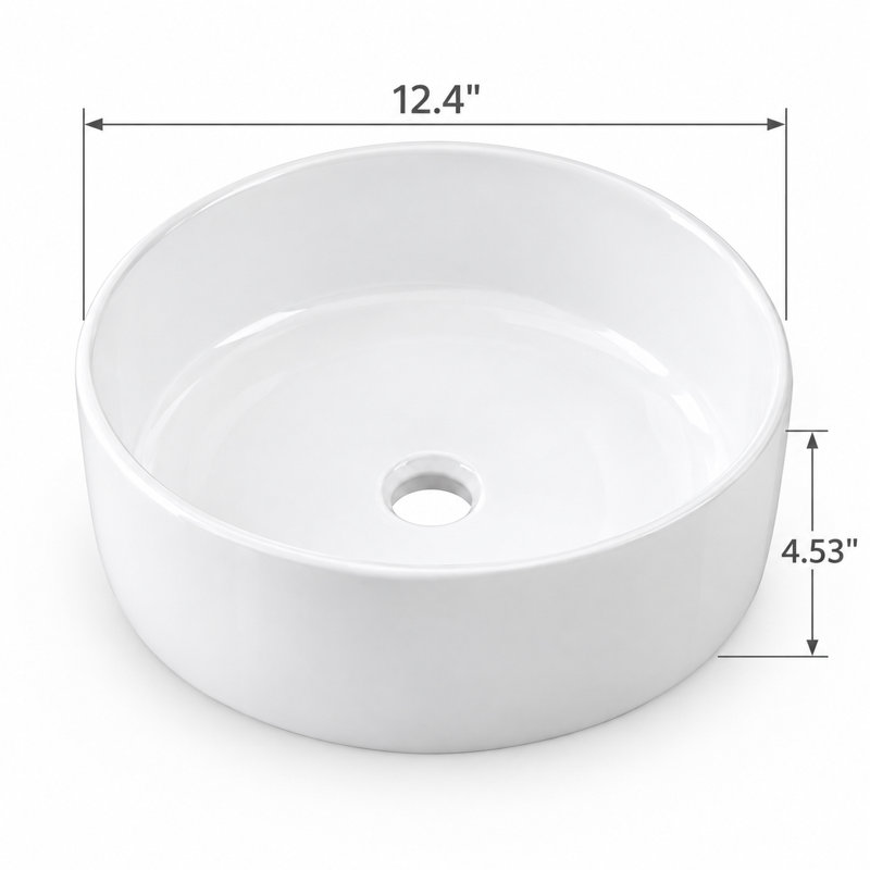 Lavabo-vasque rond en céramique blanche de 31,5 cm (12,4 po), modèle moderne à poser sur le comptoir, avec bonde de 4,4 cm (1,75 po).