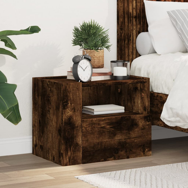 Prisilla 45cm W Manufactured Wood Bedside Table, Smoked Oak
