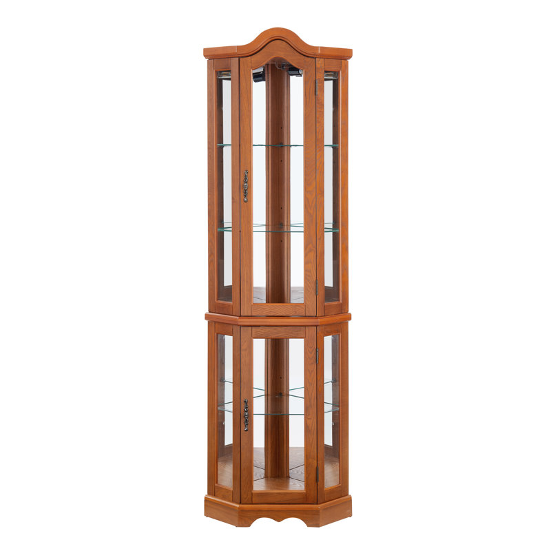 70" Lighted Corner Curio Cabinet With Tempered Glass Doors And Shelves, Oak