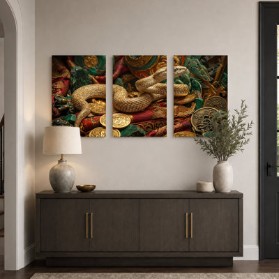 «Golden Snake» enroulé sur un tissu rouge et pièces d'or, ensemble de 3 toiles
