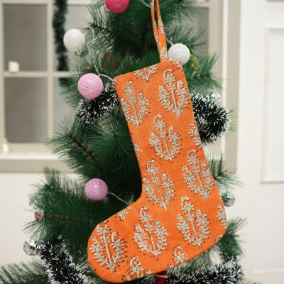  Chaussette de Noël en lin à imprimé bloc de style campagne douillette - Neelgagan