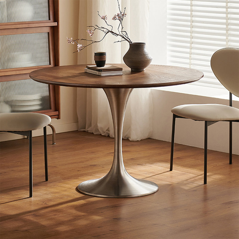 Black Walnut Color+Silver Round Solid Wood+Stainless Steel Dining Table, 29.53"H x 47.24"L x 47.24"W