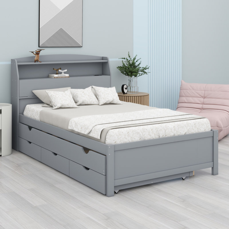 Wood Platform Bed With Storage LED Headboard And USB Charging Station, Bedframe With Trundle Bed And Drawers, Gris