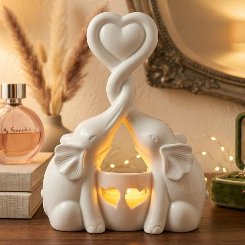 Bougeoir en résine représentant un couple d'éléphants romantiques, bougie chauffe-plat DEL à effet scintillant, cadeau de décoration pour la maison (anniversaire, Saint-Valentin).