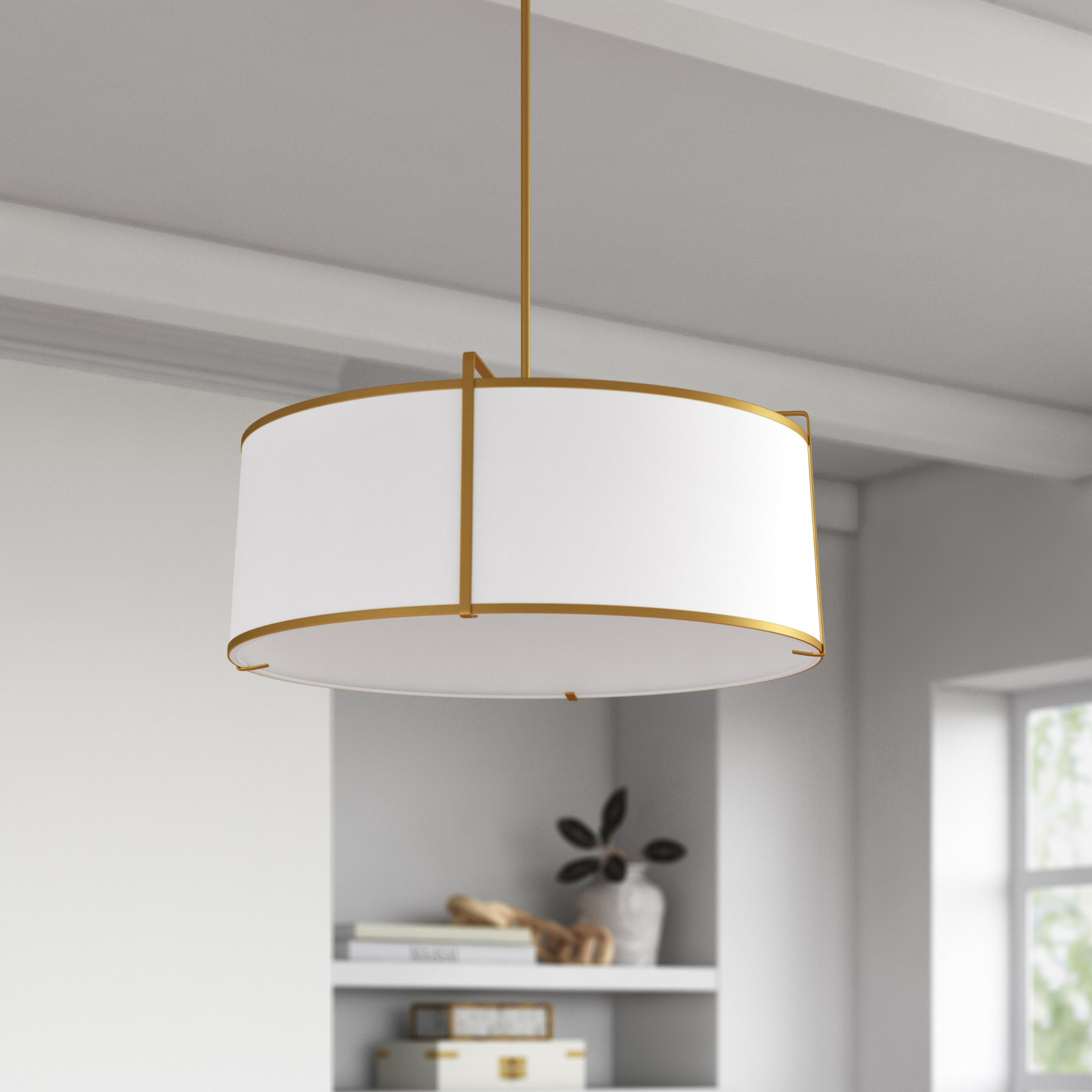 Trapezoid 4 Light Shaded Drum Chandelier, Aged Brass, White/Aged Brass