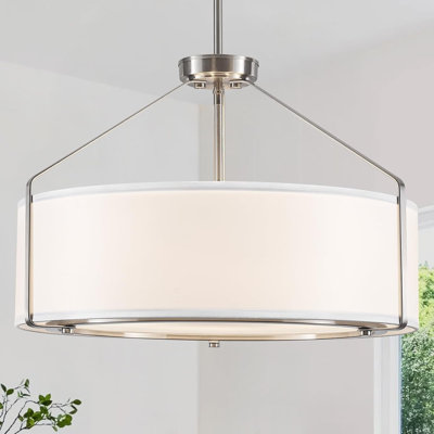 Grand luminaire suspendu cylindrique blanc 20 pouces pour salle à manger | Grand lustre à 5 lumières E26 à 5 lumières avec nickel métallique et abat-jour en tissu blanc pour le vestibule de l'îlot de cuisine