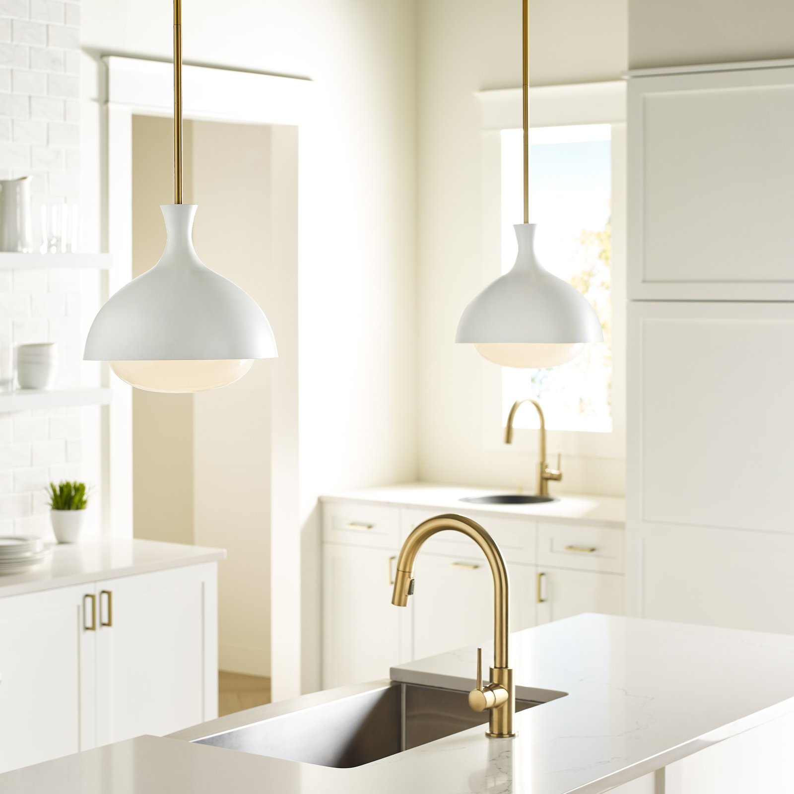 Alize Single Light Glass Dimmable Pendant, Matte White/Burnished Brass