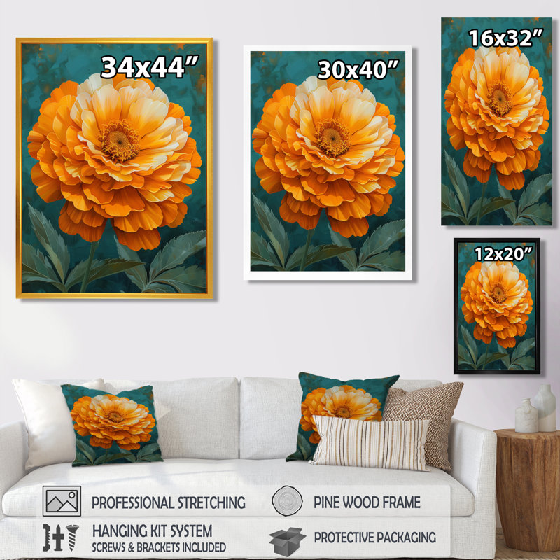Jaune jaune vert fleuri souci - art mural souci, Cadre argenté flottant, bois massif, H 16 po x l 32 po