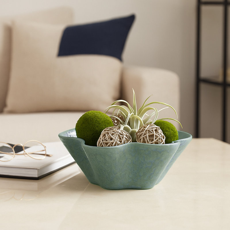 Decorative Ceramic Wavy Edged Bowl for Home Decor - Modern Accent Bowl with Abstract Pattern for Kitchen Counter or Home Decor - 13", Green