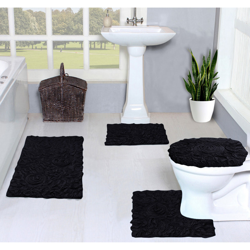 Orobosa Collection 100% Cotton Tufted Machine Washable Bath Rugs (Set of 4), Black